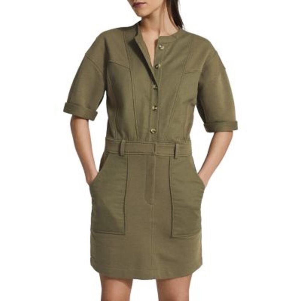 Reiss Emlyn Olive Green Panel Detail Button Front Utility Sweatshirt Dress Sz 6